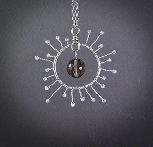 Silver Wire Wrapped Starburst Pendant Necklace Smoky Quartz and Purple Cubic Zirconia Handmade