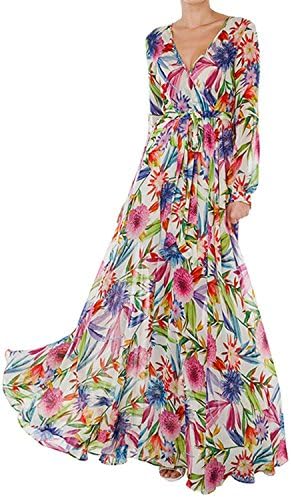 Davikey Vintage Style Chiffon V Neck Puff Pleated Wrap Long Maxi Full-Skirted Dress MulticolouredMedium