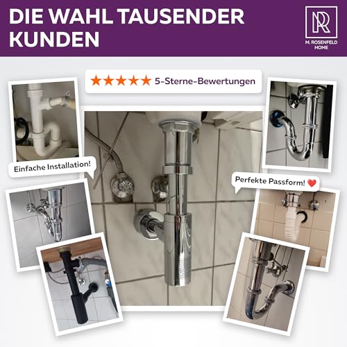 M. ROSENFELD HOME Flexible Siphon Washbasin G 1 1/4 Inch x 32-50 mm Extendible 320-900 mm with High-Quality Aluminium Nut - 100% Waterproof, Odour Protection, Easy Assembly, Universal Fit