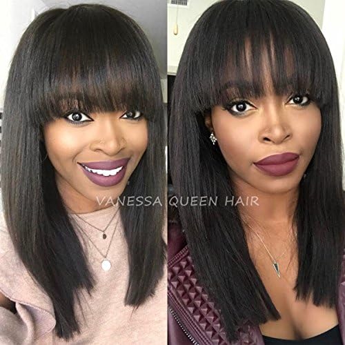 Vanessa Queen Synthetic Wigs With Full Bangs Black Color Heat Resistant Fiber Hair None Lace Medium Size Short Bob Wig For Women 14 Inch