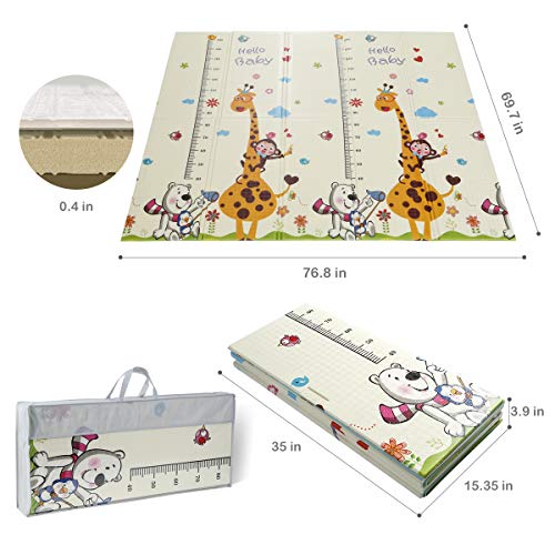 Baby Play Mat, Extra Large Baby Crawling Mat, Portable Waterproof Non Toxic Soft Foam, Anti-Slip Folding Puzzle Mat Playmat for Infants, Toddlers, Kids, Indoor or Outdoor Use, 77x70 inch