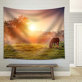 Arabian Horses Grazing on Pasture at Sundown in Orange Sunny Beams - Fabric Wall Tapestry Home Decor - 51x60 inches