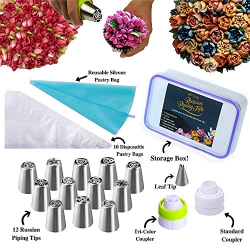 Russian Piping Tips â€“ Cake Decorating Supplies â€“ 26 Baking Supplies Set- 12 Russian Icing Piping Tips, 1 Leaf Tip, 1 Tricolor Couplers, 1, regular coupler, 1 Silicone Pastry Bag, 10 Disposable Pastry