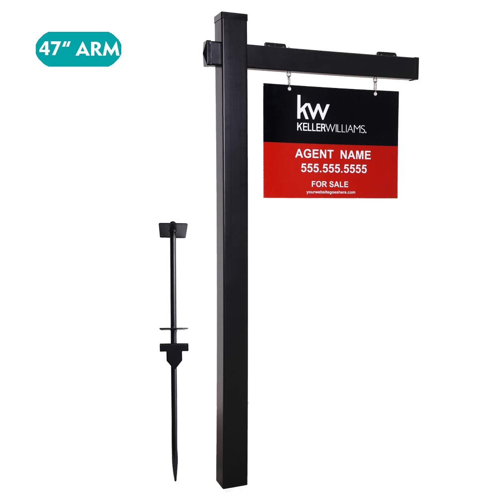 kdgarden Vinyl PVC 6-Feet Black Real Estate Sign Post with Flat Cap, Realtor Yard Sign Post for Open House and Home for Sale, 47" Arm Holds Up to 36" Sign(No Sign)