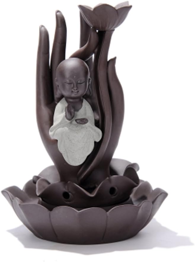 Creative Little Monk Hand Censer Backflow Ceramic Lotus Cone Incense Holders Room Decoration (Grey)