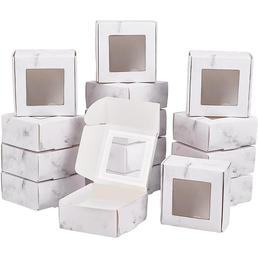 BENECREAT 30 Pack 6.5x6.5x3cm Marble Cookie Boxes With Window, Bakery Treat Gift Boxes for Wedding Decoration Candies, Soap, Small Items