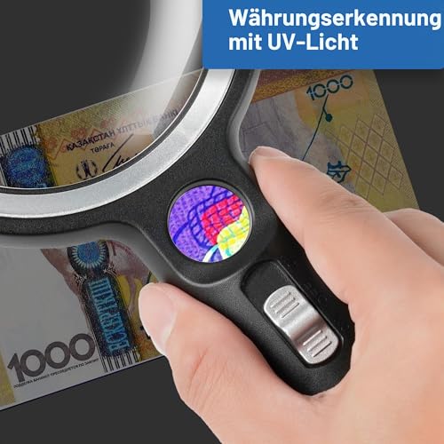 GABORISH Magnifying Glass with Light, 10X 20X 45X Handheld Magnifying Glass with 30 LED and 1 UV, Magnifying Glass for Reading, Inspection, Coins, Jewellery, Exploring, Reading Magnifying Glass for Seniors Large (Silver)
