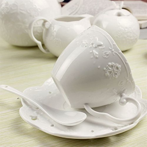 Eglaf Coffee Tea Cup Set Embossed Ceramic (Bone china) and Porcelain Saucers Spoon Bracket 6 - Piece Set (White)