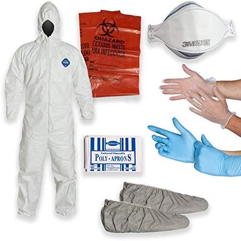DuPont Multipurpose Cleanup Kit: 3XL Large Tyvek TY127 Coverall Suit, Shoe Covers, 3M 9210 N95 Respirator Mask, Polyethylene Apron, 2 Pair of Protective Gloves, Biohazard Disposal Bag