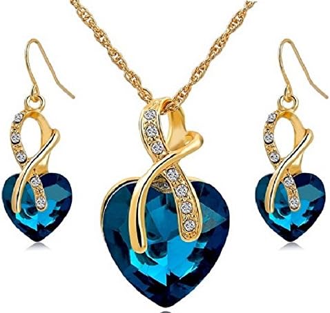 Large Heart Neclace &amp; Drop Earrings Crystal Jewellery Set - IWTB (Blue)