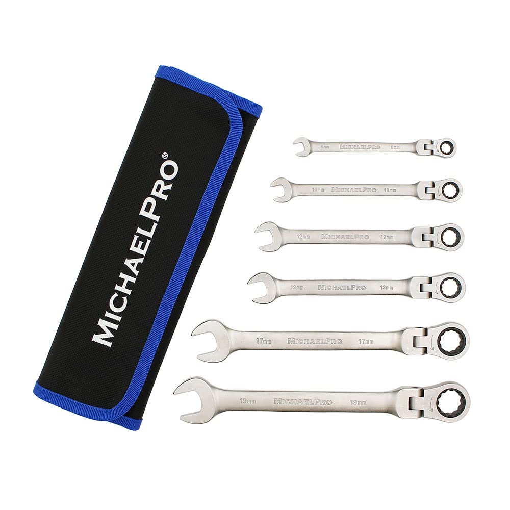MichaelPro MP001157 6-Piece, Flexible Head Ratchet Spanner Set, Ratchet Spanner Set, Ratchet Wrench Set, Flex Head Ratchet, Metric, Flexible 180 Degree Open End Ratchet Head, with Roll Pocket