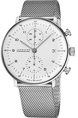 Junghans Max Bill Chronoscope Mens Automatic Chronograph Watch - 40mm Analog Silver Face with Luminous Hands and Date - Stainless Steel Mesh Band Luxury Watch Made in Germany 027/4003.44