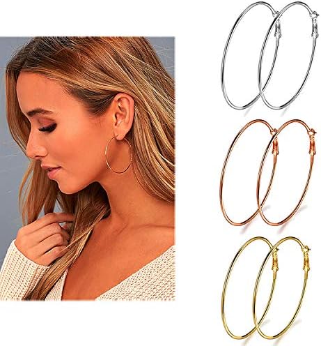3 Pairs Big Hoop Earrings, Stainless Steel Hoop Earrings in Gold Plated Rose Gold Plated Silver for Women Girls