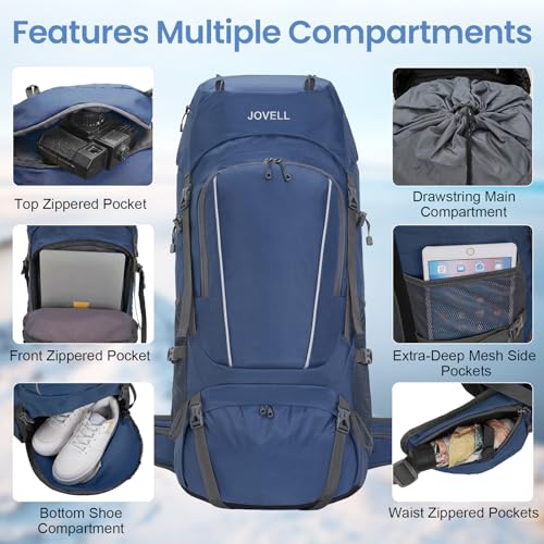 JOVELL 70L Hiking Backpack with Rain Cover, Travel and Camping Package for Outdoor Sports, Climbing, Touring and Hiking, Backpack Luggage for Men and Women, blue, Hiking Backpack