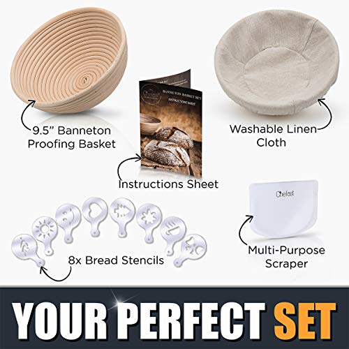 Chefast Banneton Proofing Basket Set: Combo Kit of 9.5" Natural Rattan Basket with Brotform Cloth Liner, 8 Bread Stencils and Bowl/Dough Scraper + Instructions - Make Perfectly Round Sourdough Boules