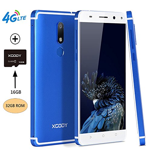 Xgody D22 4G LTE Unlocked 32GB GSM Cell Phones 5.5 Inch HD Screen Android 7.0 Nougat 2GB RAM with Fingerprint Scanner Quad Cord GPS Wi-Fi Bluetooth for Straight Talk At&T T-mobile Dual SIM Phones Azul