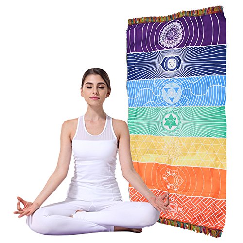 CHIC DIARY Beach Towel Blanket Rainbow Chakra Tapestry Stripes Yoga Mat Bath Pool Scarf with Tassels