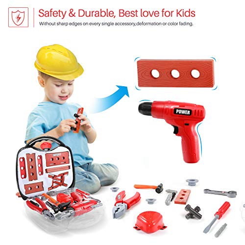 Kids Tool Set, 24pcs Durable Tool Toys with Electronic Cordless Drill, Other Pretend play Construction Accessories, A Sturdy Case for Age 3+ Toddlers Practical Ability