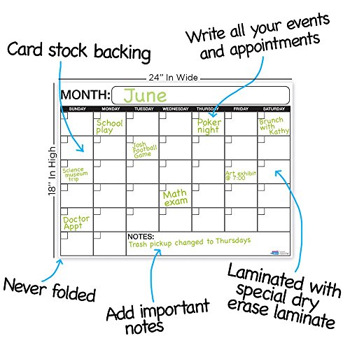Best Large Dry Erase Wall Calendar Planner & Organizer 18" X 24" in Laminated Dry or Wet Erase Print Squares to Plan Your Whole Day - Perfect for School Classes Office Cubical Home College Dorms - Thumbnail 3
