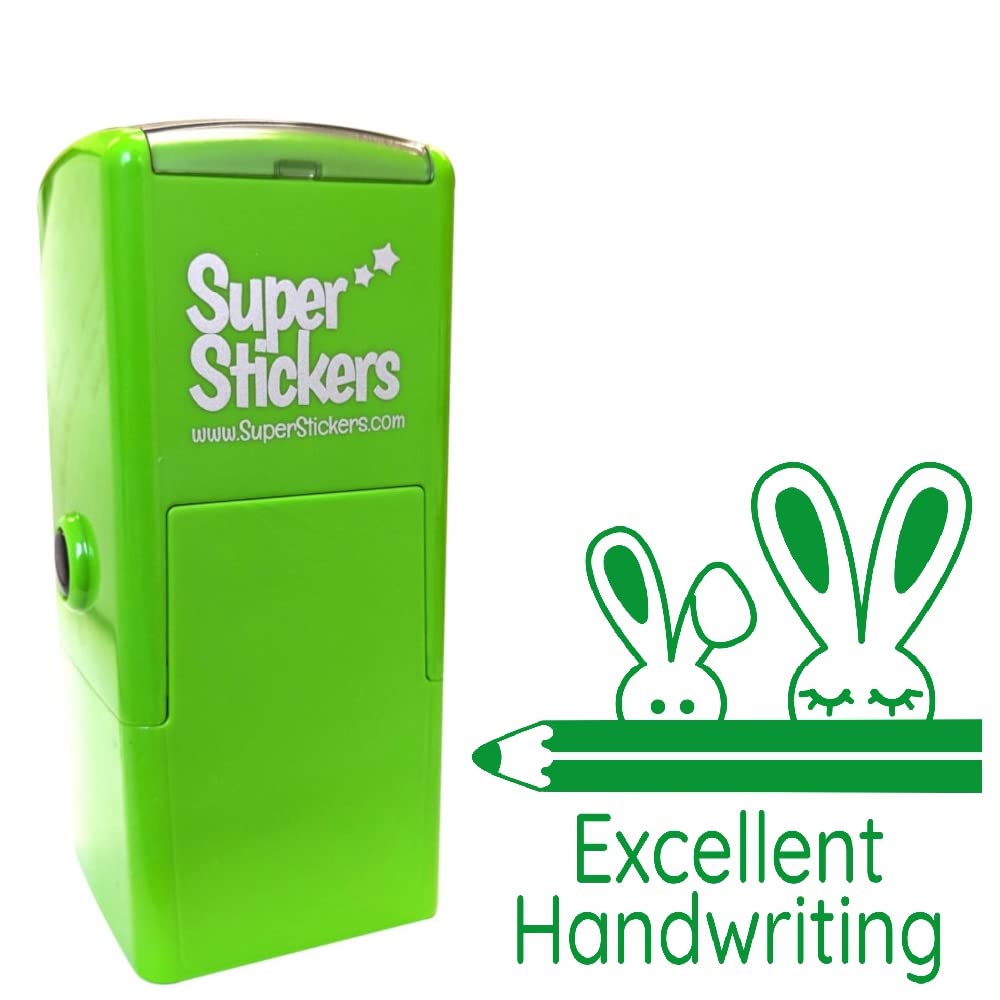Teacher Stamp, Education Marking Stamp, Reward Stamps for School - Excellent Writing Bunnies, Impression Size Approx. 23x23 mm, Green Ink