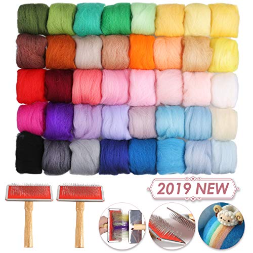 Jeteven Needle Felting Kit 40 Colors Wool Roving DIY with 2 Wool Felt Brushes
