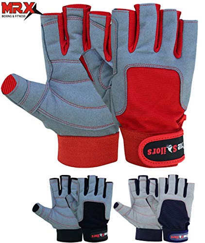 MRX BOXING & FITNESS Sailing Gloves with 3/4 Finger and Grip for Men and Women, Great for Kayaking, Workouts and More Grey/Red