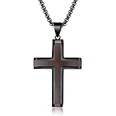 Ropartman Wooden Cross Necklace for Men, Hand Polished Ebony Inset In Black Stainless Steel Christian Mens Cross Pendant Wood, 24" Round Box Chain