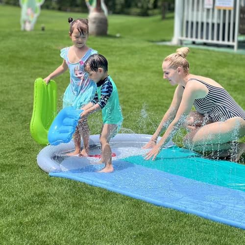 Water Slides for Garden Inflatable,WDKXCN 550 * 145cm Slip and Slide Water Slide for Kids, Inflatable Lawn Water Slide with 2 Bodyboards, Double Waterslide for Outdoor,Built-in Sprinkler,Shark Style