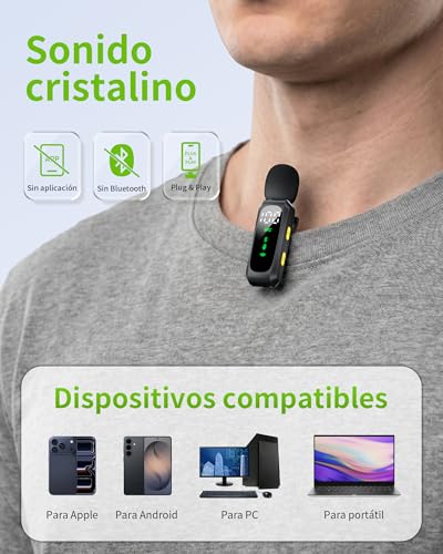 Mini Wireless Condenser Microphone Compatible with iPhone, Android and PC, Plug & Play Lavalier Microphone with Noise Reduction, Battery Indicator and Windscreen for Video and Streaming (Black)