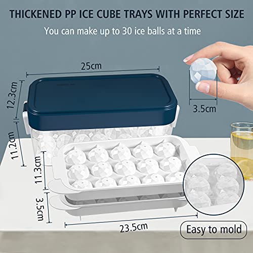 Eiswürfelform Kugel Eiswürfelbehälter mit Deckel und Schaufel BPA frei, 2 Packung Eiswürfel form 30 Diamant Eisball Eiskugelform aus PP für Wasser, Whisky, Trinken, Spülmaschinenfest, Ice Cube Tray
