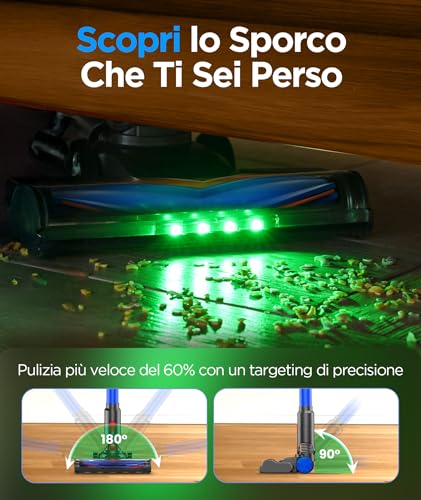 VersLife Z8 Aspirapolvere Senza Fili, 40KPa Scopa Elettrica Leggera con Luce LED Verde, Filtro HEPA, Autonomia 45 Min, Design Autoportante, per Pavimenti Duri, Tappeti e Peli di Animali