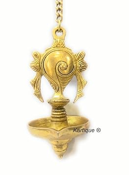 Kartique Brass Metal Chain Hanging Diya for Pooja Home Decor Entrance Decorative Puja Deepak Diwali Worship Gift Shankh Design Length 21 Inch