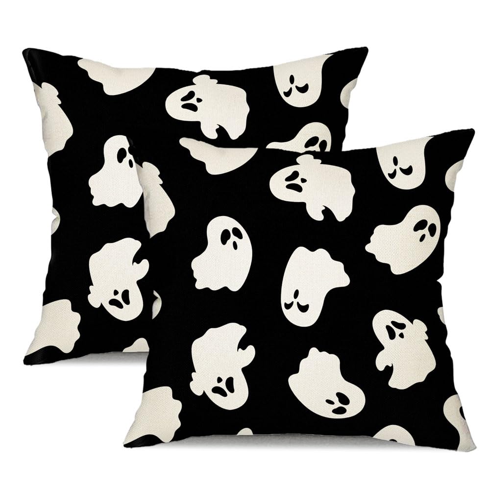 Photo 1 of DFXSZ Halloween Pillow Covers 18x18 inch Set of 2 Happy Halloween White Ghost Decor Black Pillow Covers Sofa Bed Outdoor Car Decoration TH-14A18