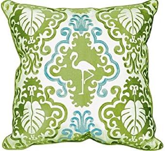COASTAL NAUTICAL BEACH PILLOWS 20 X 20 Kiwi Deco Flamingo Pillow - Outdoor Sunbrella® Pillow Lavishly embroidered flamingo and palms motif created with kiwi and aqua colored threads on white Sunbrella outdoor canvas. Rear solid kiwi panel with hidden zipper at bottom.