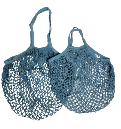 Modo Reusable (2 Pack) String Cotton Net Shopping Bags 1 Short & 1 Long Handle Bag Multipurpose Toys Storage (Blue Grey)