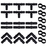 ActionEliters Irrigation Fittings Kit for 1/2" Inch Tubing 24 Piece Set - 6 Tees, 6 Couplings, 6 Elbows & 6 Tubing End Cap Closures - Barbed Connectors (for Rain Bird 16mm .520 ID and Compatible Drip