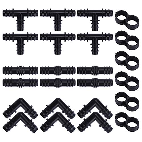 ActionEliters Irrigation Fittings Kit for 1/2" Inch Tubing 24 Piece Set - 6 Tees, 6 Couplings, 6 Elbows & 6 Tubing End Cap Closures - Barbed Connectors (for Rain Bird 16mm .520 ID and Compatible Drip