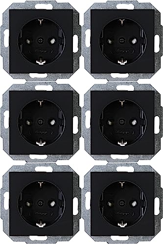 Kopp Athenis 943050058 - Lote de 6 enchufes con proteccion contra contacto, 16 A, 250 V, IP20, color negro, superficie mate