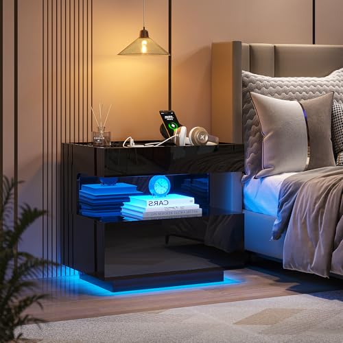 Modern Night Stand with 2 Drawers, Bedside Table with Charger Station, LED Nightstand with Lights & Human Sensor, Smart End Table for Bedroom, Black