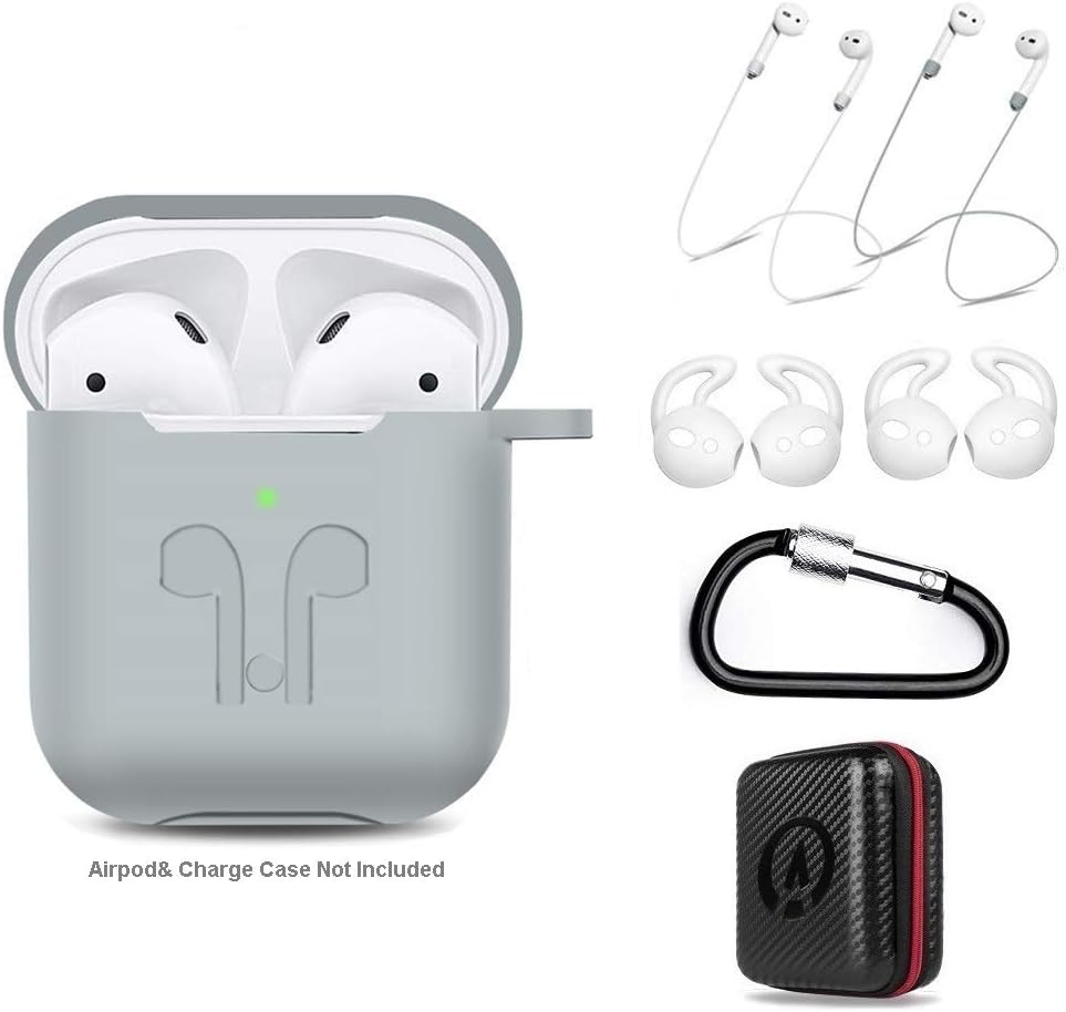 AirPods Case 7 in 1 for Airpods 1&2 Accessories Kits Protective Silicone Cover for Airpod Gen1 2 (Front Led Visible) Included 2 Ear Hook /2 Staps/1 Clips Tips Grips/1 Zipper Box Grey (amasing)
