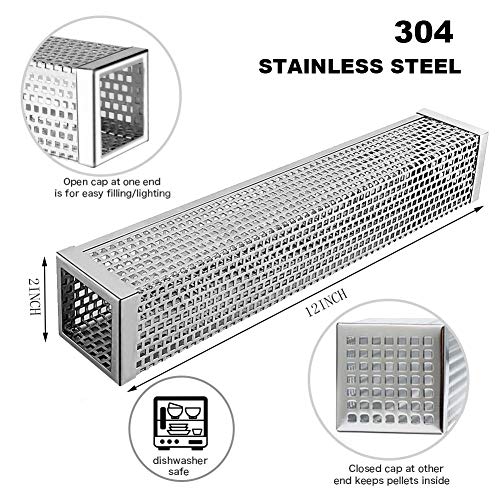 DIMESHY Pellet Smoker Tube - 12" 304 Stainless Steel for Cold or Hot Smoking Wood Pellet Tube Smoker, Work with All Grills or Smokers, Bonus Storage Bag Include, Square