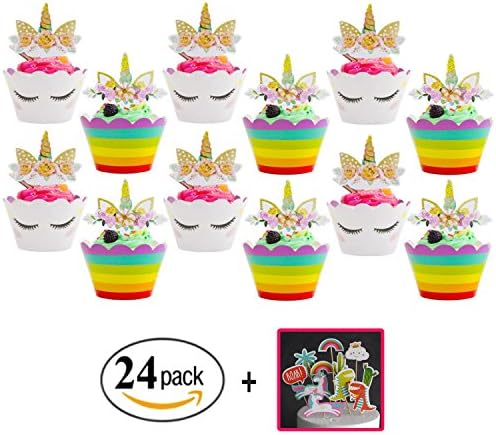 Unicorn Cupcake Toppers and Wrappers Double Sided Kids Party Cake Decorations Set of 24 +Bonus 11