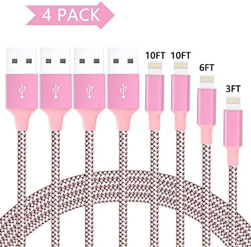 Lightning Cable, 4Pack 3FT 6FT 10FT 10FT Long iPhone Charger Nylon Braided iPhone Cable to USB Charging Charger for iPhone X/8/8 Plus/7/7 Plus/6/6S/6/6S Plus/5/5S/SE/5C,iPad,iPod And More