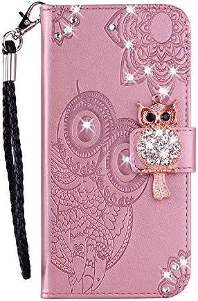 Cfrau Diamond Kickstand Case with Black Stylus for Samsung Galaxy A80,Luxury Embossed Crystal 3D Owl Flower Bling Glitter Wallet PU Leather Shockproof Soft TPU Wrist String Case - Rose Gold