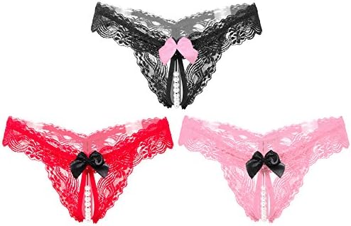 Women Elastic Transparent Lace Low Waist Pearls Lingeries Thongs G Strings T Back Crotchless Penties