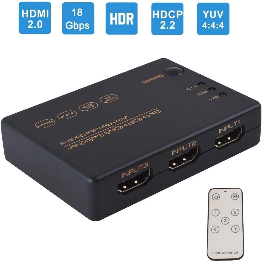 4K@60Hz HDMI 2.0 Switch 3x1, HDR&HDCP2.2, YCbCr 8bit 4:4:4, 10bit 4:2:2, 12bit 4:2:0, 3 in 1 Out HDMI 2.0 Switch
