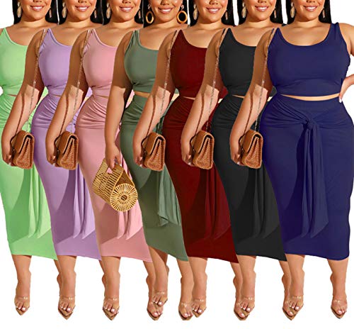 Womens Sexy Plus Size 2 Piece Midi Dress Outfits - Sleeveless Tie Dye Print Tank Crop Top Bodycon Skirts Set Royal Blue Solid 5XL