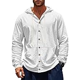 Men's Linen Blend Button Front Hoodie Shirt Long Sleeve Lightweight Casual Top with Front Pocket
