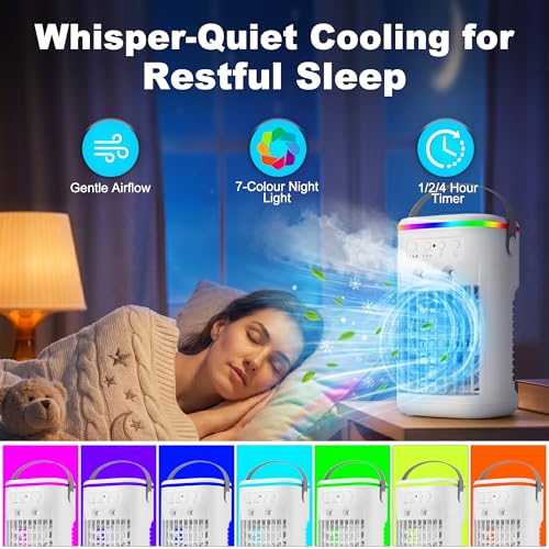 Mini Quiet Portable Air Conditioner, Air Cooler with Remote Control, 3 Speeds and 2 Misting Modes, 1-4H Timer, 7 LED Lights, Cold Air Fan for Bedroom Office