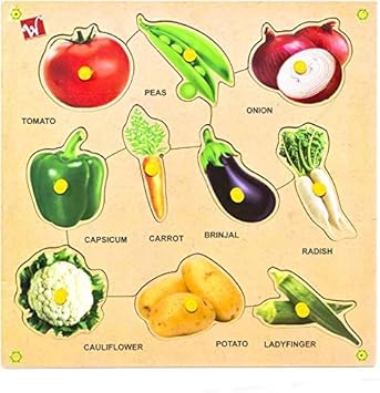 Toyvala Vegetable Wooden Puzzle with Knob Gift for Kids (10 Pieces)